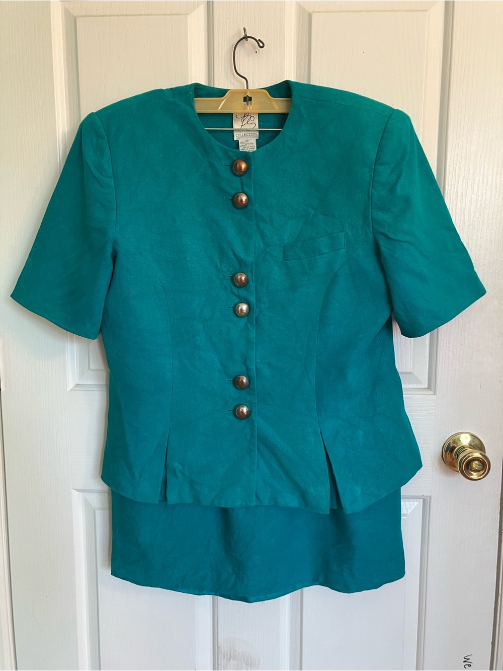 Teal Button Front Short Sleeve Vintage Silk Blazer Plus Skirt (2 Piece Set)